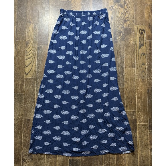 Band Of Gypsies Maxi Skirt Size M Blue White Paisley Pullon Bttn Front Slit NWT - Picture 2 of 8